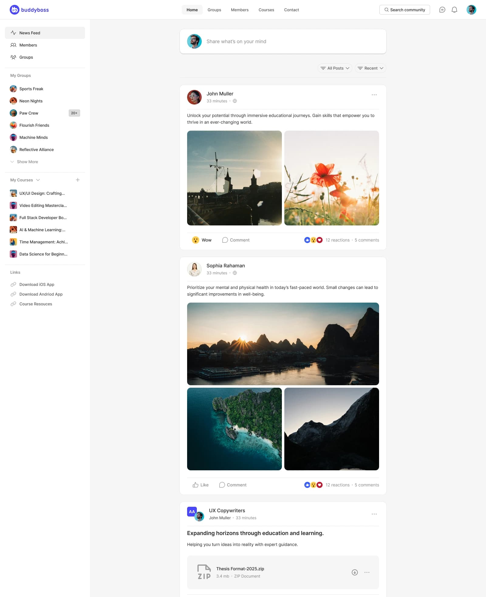 Activity feed screen showing recent user actions