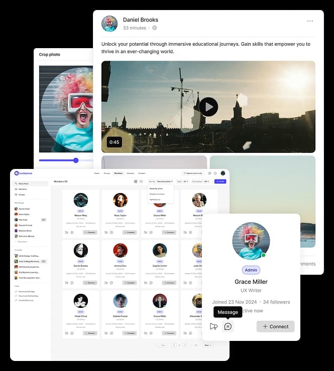Overview of different BuddyBss platform pages shown in a collage layout