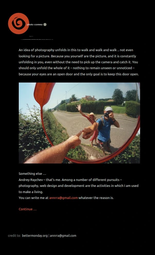 Mobile view of Photocomma about page showing photographer portrait and descriptive text